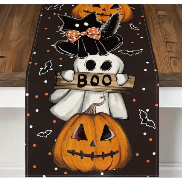 Halloween Table Runner Pumpkin Cat Decor Decorative Cloth Holiday Decoration 72" - Picture 2 of 4
